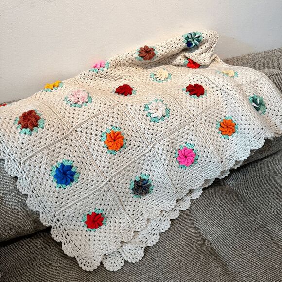 Handmade Crochet Afghan Blanket Puff 3D Flowers Cotton Blend 72x52 Boho Cottagec - Picture 5 of 12